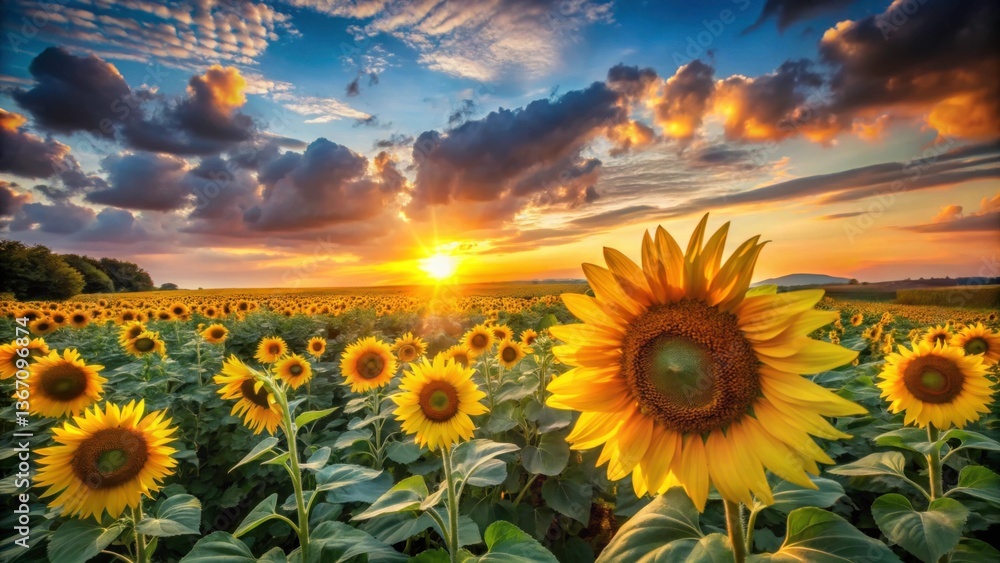 Fototapeta premium Vibrant Sunflower Field Under Dramatic Sunset with Clouds