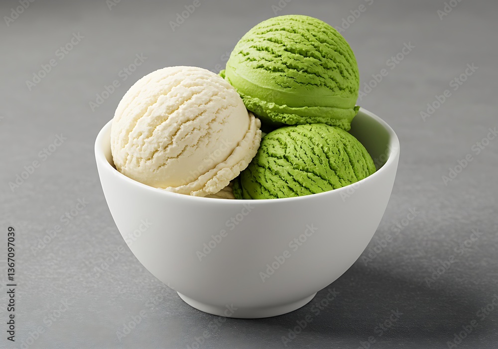 Scoops of Vanilla and Green Tea Ice Cream in White Bowl Scoops of Vanilla and Green Tea Ice Cream in White Bowl