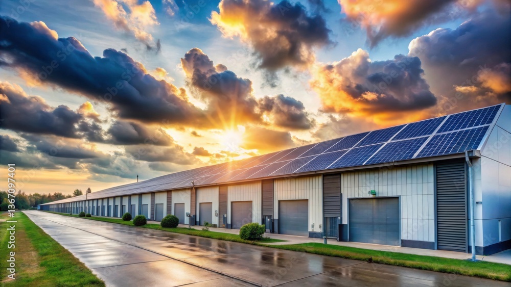 Industrial Warehouse Perspective with Sunset and Solar Panels Industrial Warehouse Perspective with Sunset and Solar Panels