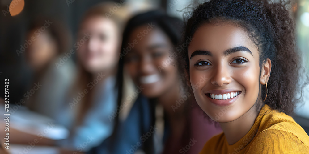 Smiling woman engages with friends in vibrant cafe setting during daytime social gathering Smiling woman engages with friends in vibrant cafe setting during daytime social gathering