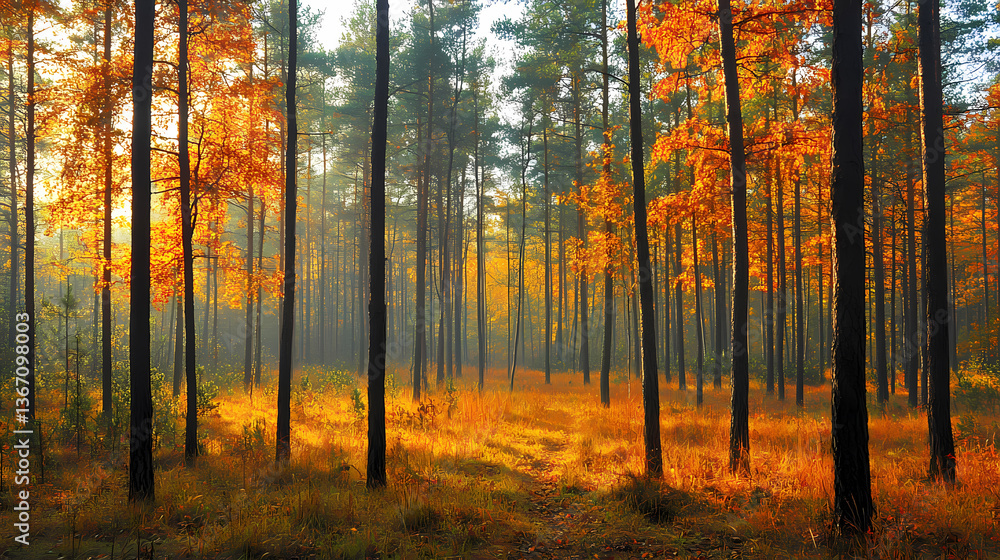 Fototapeta premium Autumnal Forest Pathway in Sunlight