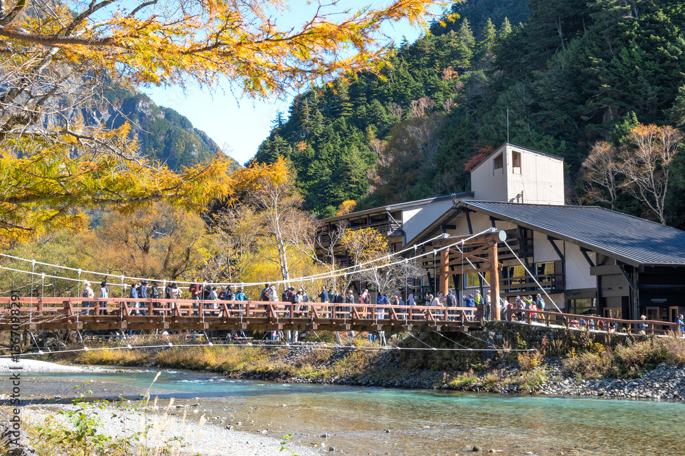 Obraz premium 上高地の河童橋の紅葉_1