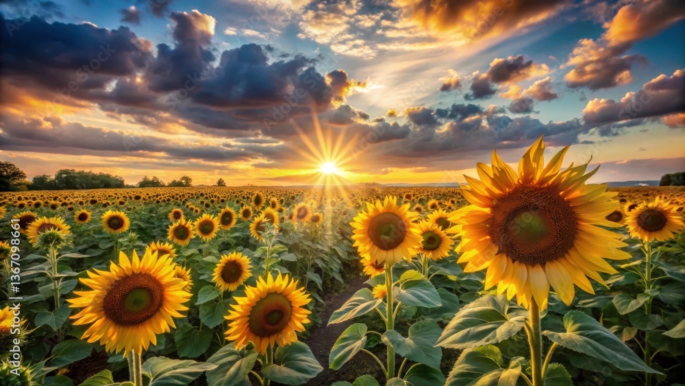 Fototapeta premium Dramatic Sunset Casting Shadows Over Fiery Sunflowers in Field