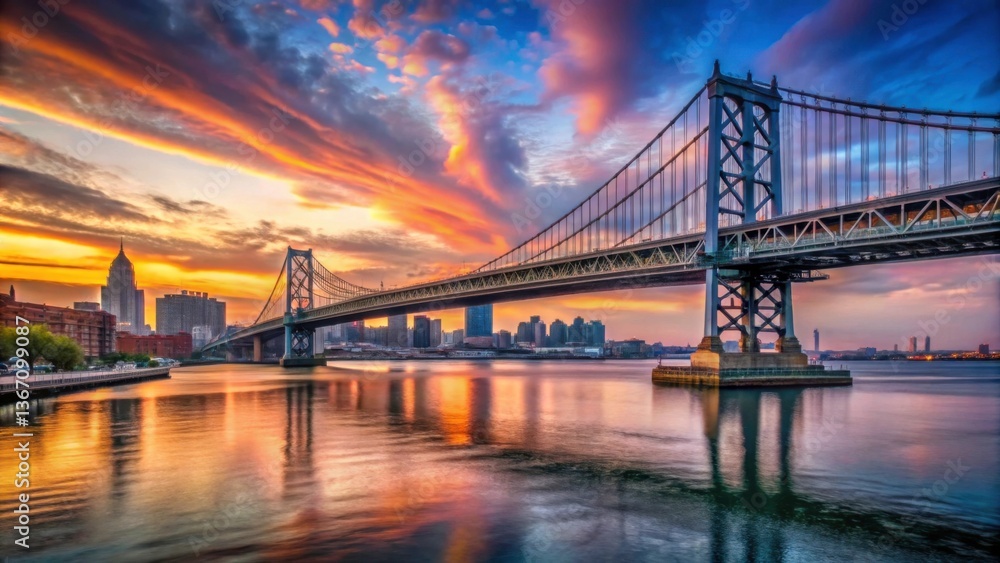 Fototapeta premium Beautiful Sunset Over Iconic Benjamin Franklin Bridge in Philadelphia
