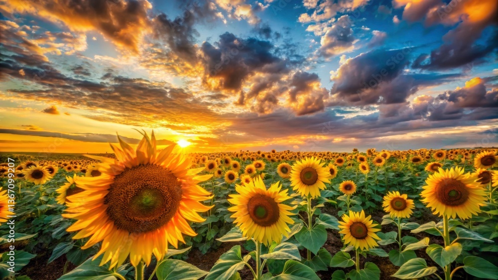Fototapeta premium Golden Sunflowers in a Vibrant Field Under a Dramatic Sunset Sky