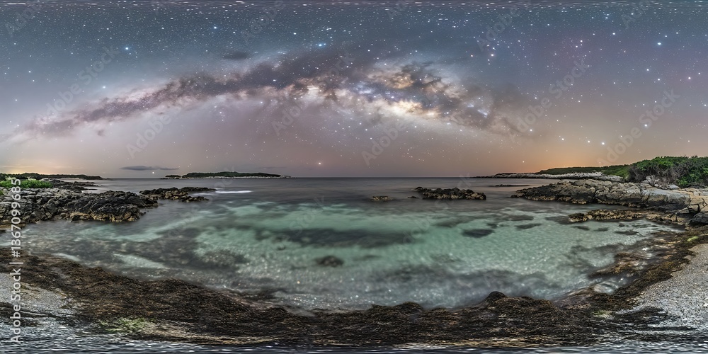 Fototapeta premium Serene Beach at Night with Galaxy View Under Starry Sky Landscape Panorama Tranquility