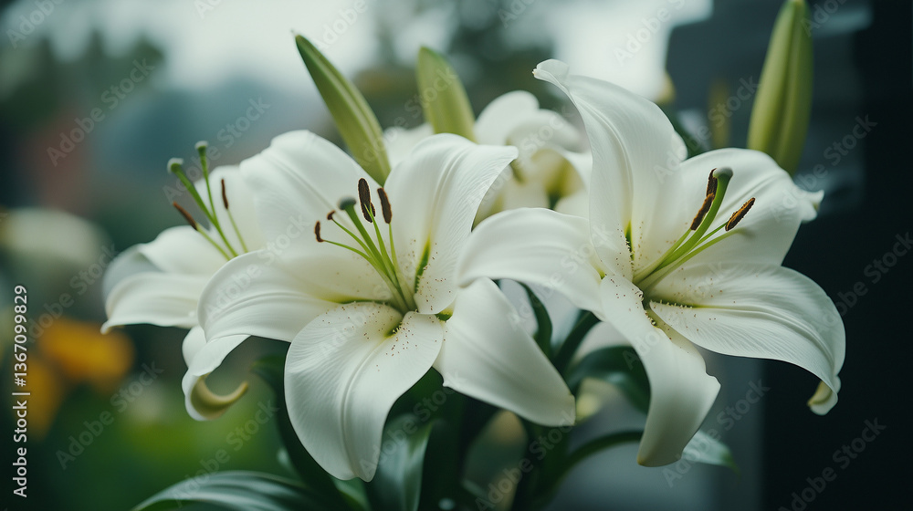 Fototapeta premium White lilies blooming at gravesite in soft light