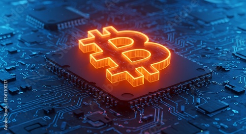Glowing bitcoin symbol on a computer chip with blue circuit board pattern in the background design