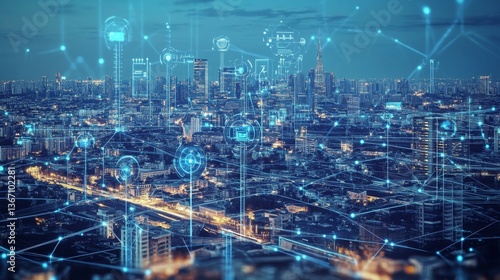 Fototapeta Naklejka Na Ścianę i Meble -  A futuristic AI powered energy grid balancing renewable power sources in a smart city, digital control hub, holographic energy distribution map