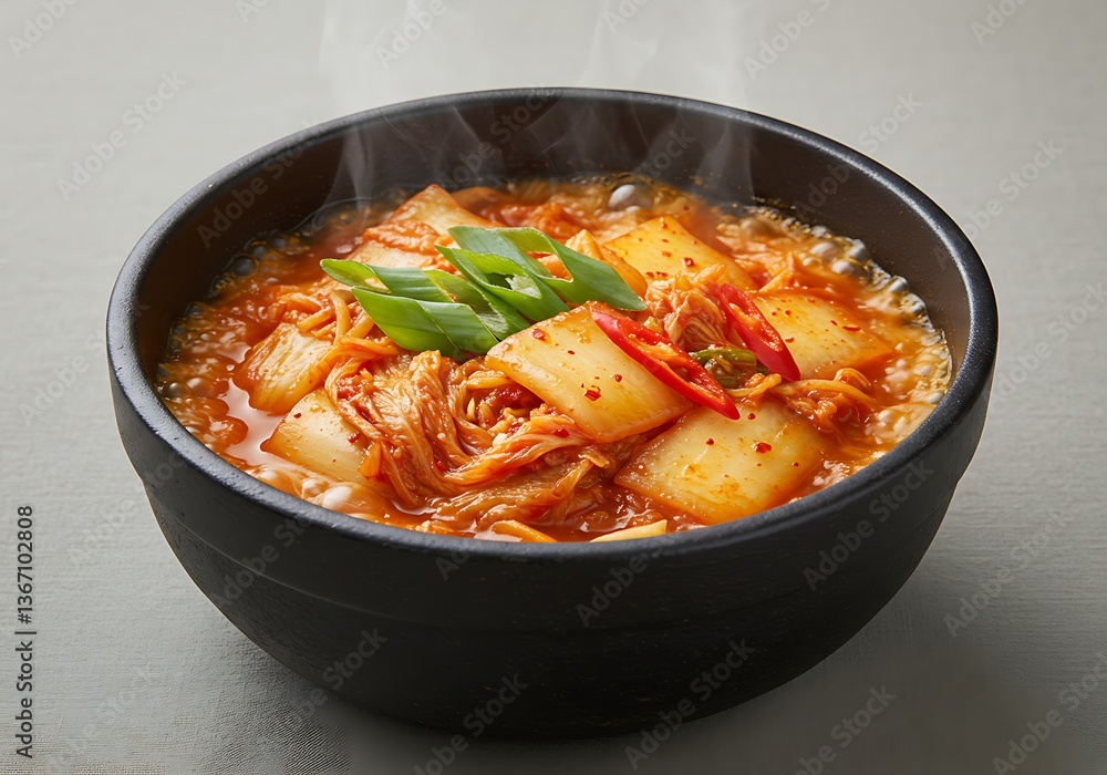 Hot and Steaming Kimchi Soup in Black Bowl Garnished with Scallions Hot and Steaming Kimchi Soup in Black Bowl Garnished with Scallions
