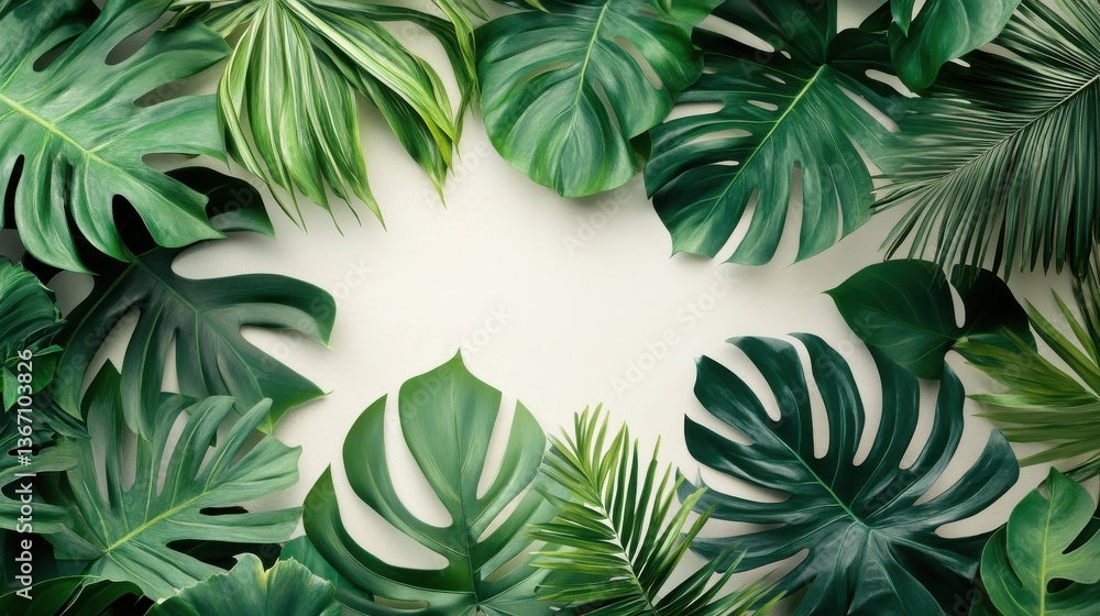 A variety of tropical leaves in different shapes and shades of green are beautifully arranged on a light backdrop, showcasing nature's diversity illustration A variety of tropical leaves in different shapes and shades of green are beautifully arranged on a light backdrop, showcasing nature's diversity illustration