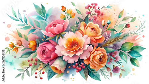 Vibrant watercolor floral bouquet, soft pastel colors, delicate petals, loose artistic style, botanically inspired, splashes of bright pink and coral, teal leaves, orange accents, whimsical arrangemen