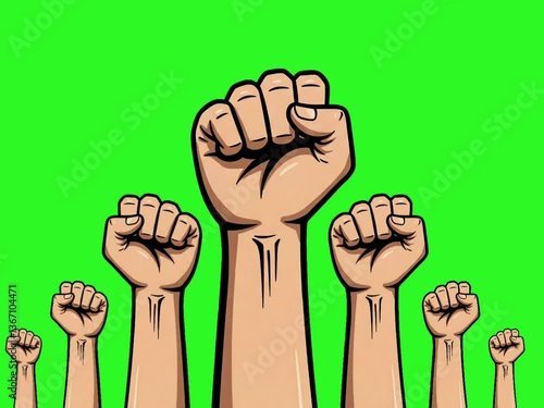 A powerful graphic of multiple raised clenched fists.