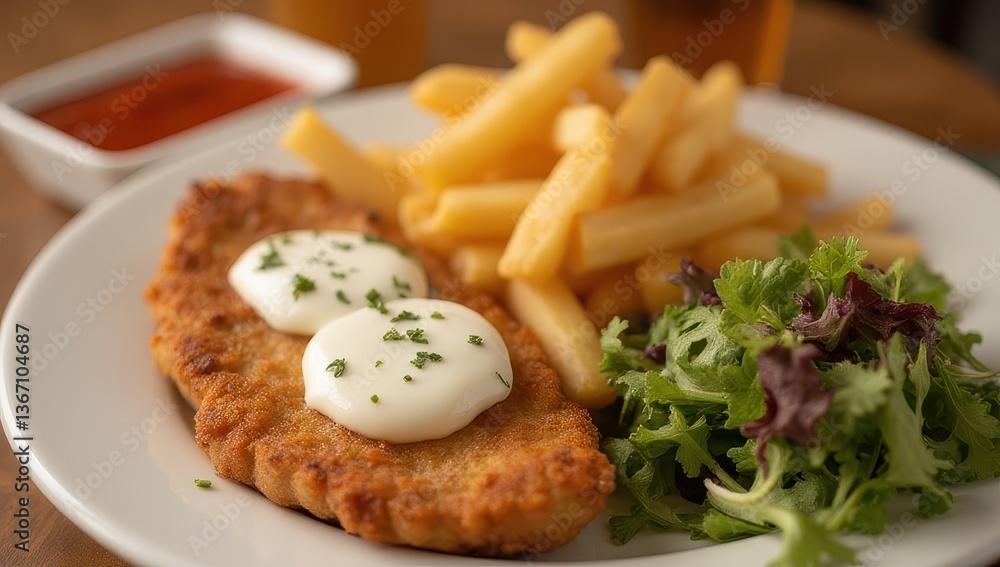Crispy Breaded Cutlet with Creamy Sauce, French Fries, and Salad Crispy Breaded Cutlet with Creamy Sauce, French Fries, and Salad