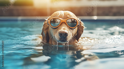 Energetic dog wearing swim goggles in a refreshing pool setting ready for adventure and fun activities in the summer sun.