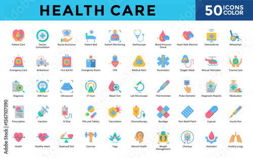 Health Care icons set with patient care, doctor consultation, nurse assistance, patient bed, patient monitoring, stethoscope, blood pressure check, heart rate monitor icon. Simple color vector 
