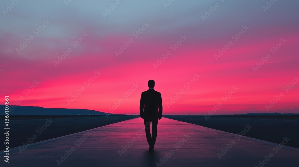 Silhouette of Businessman Walking Alone on Runway Against Vibrant Pink and Blue Sky at Sunset Silhouette of Businessman Walking Alone on Runway Against Vibrant Pink and Blue Sky at Sunset