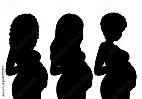 Vector set of silhouettes of African pregnant women isolated from background. Clip arts collection of healthy Black pregnant women shadow for card and sticker.