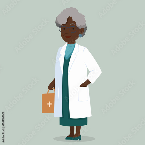 Vector flat illustration of old African woman doctor professional. Black woman pharmacist. Researcher in laboratory. Illustration for articles about professions