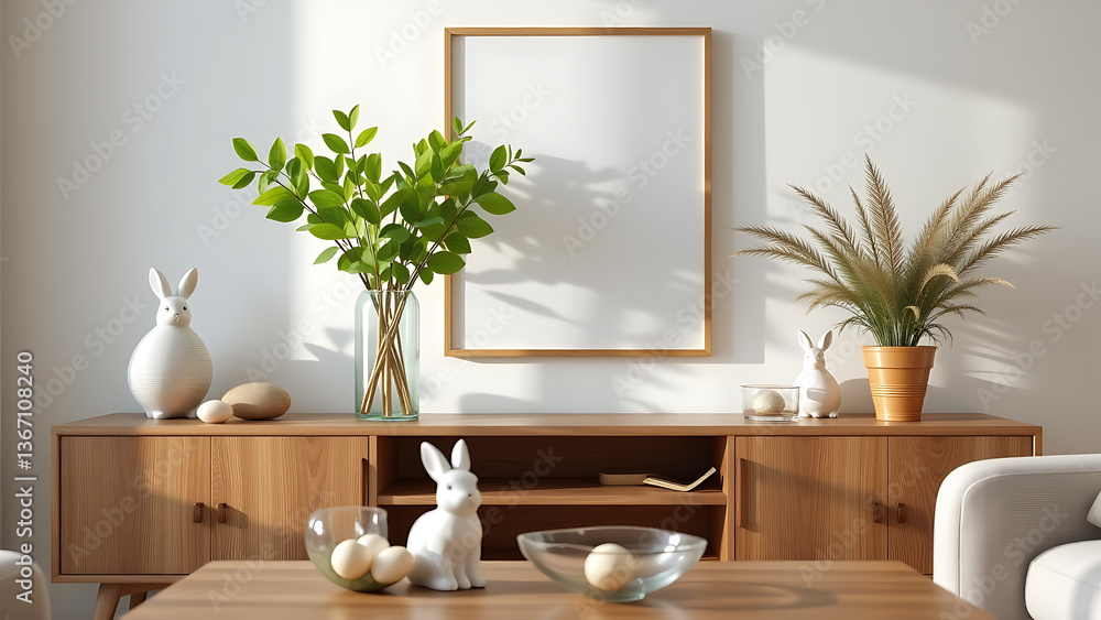 A beautifully designed Easter living room with a mock up poster frame, showcasing a glass vase filled with vibrant green leaves A beautifully designed Easter living room with a mock up poster frame, showcasing a glass vase filled with vibrant green leaves