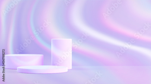 Hologram 3d stage with cylindrical platforms in pastel purple and pink wavy gradient background. Minimal geometric podiums for product display. Showcase for goods presentation with curved light waves.
