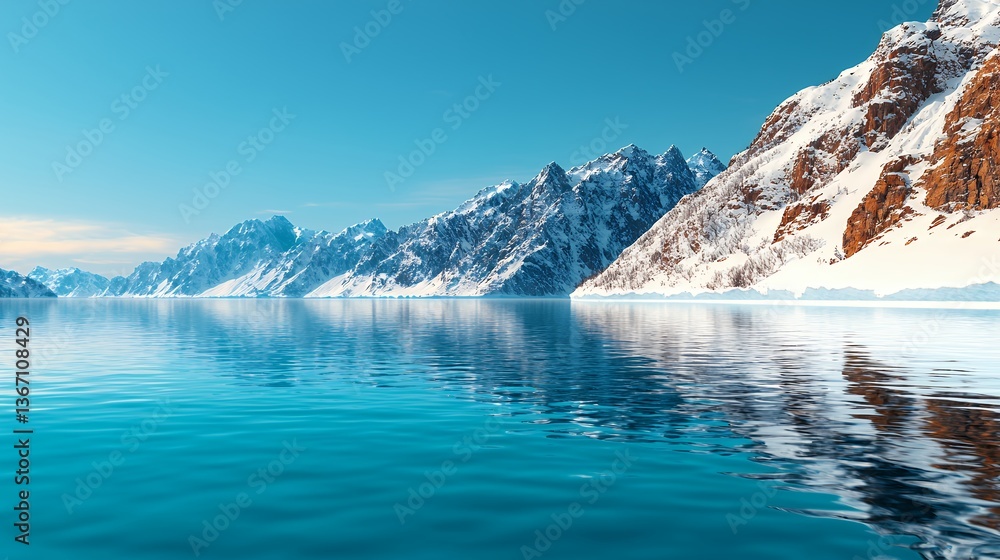 Obraz premium Stunning Serene Winter Landscape Snow Capped Mountains Reflecting in Calm Blue Water