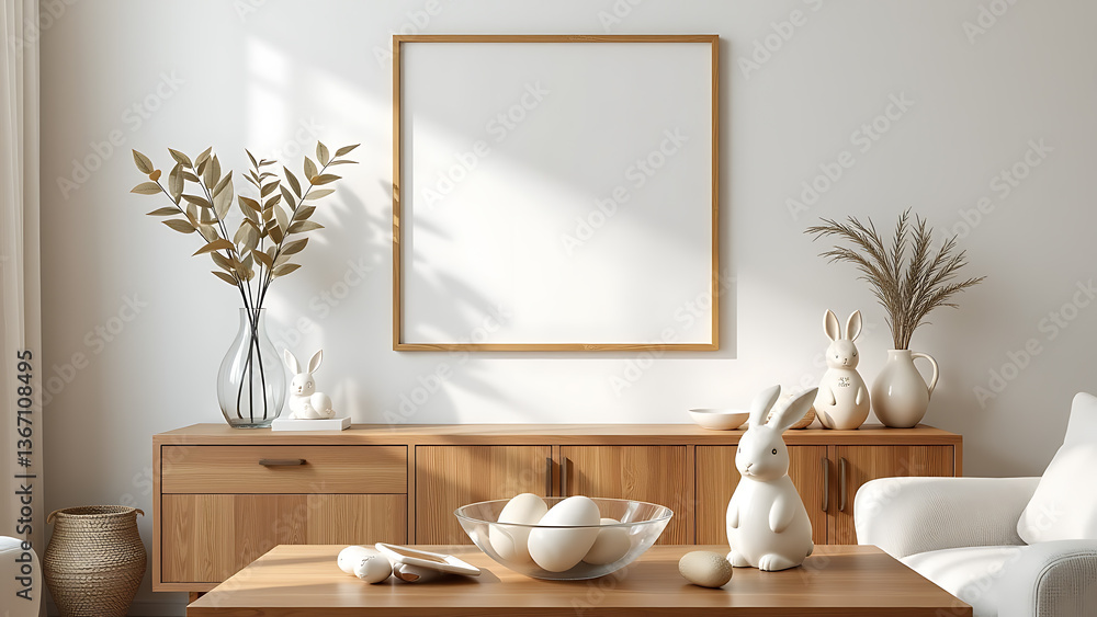 A cozy Easter living room scene featuring a mock up poster frame on the wall and a glass vase with leaves as a focal point A cozy Easter living room scene featuring a mock up poster frame on the wall and a glass vase with leaves as a focal point