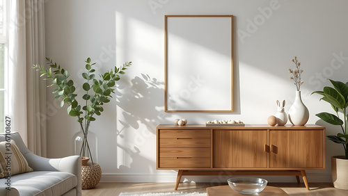 A modern Easter living room interior with a mock up poster frame, glass vase filled with fresh leaves, and a stylish wooden sideboard