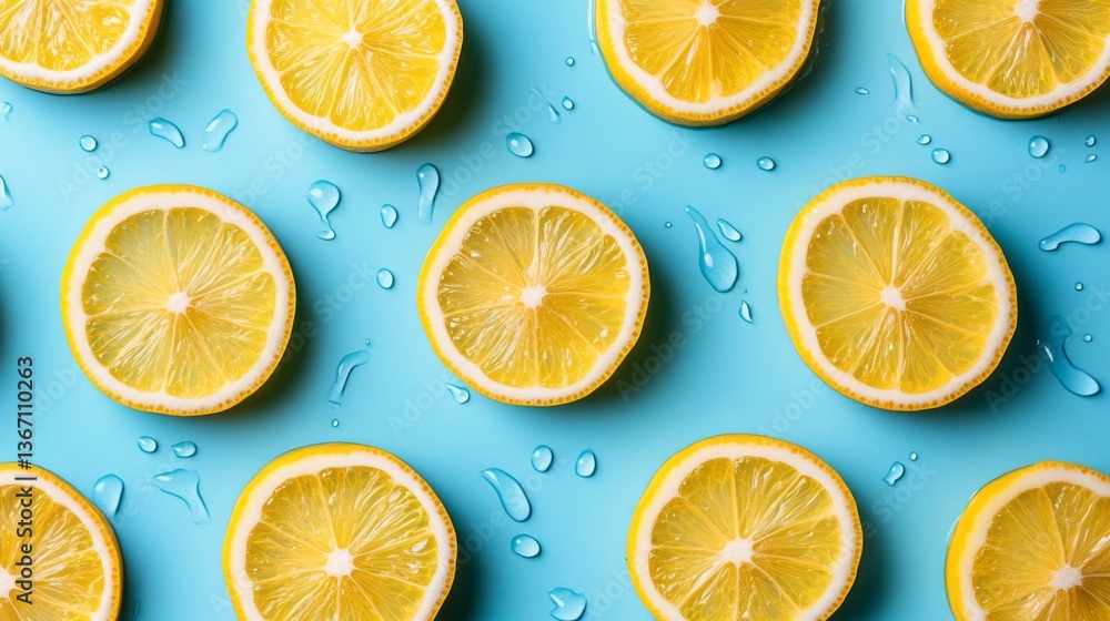 Pattern of sliced lemons arranged neatly on a blue background Pattern of sliced lemons arranged neatly on a blue background