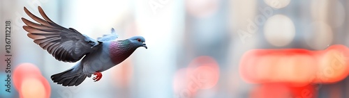 A pigeon in flight against a blurred city backdrop.