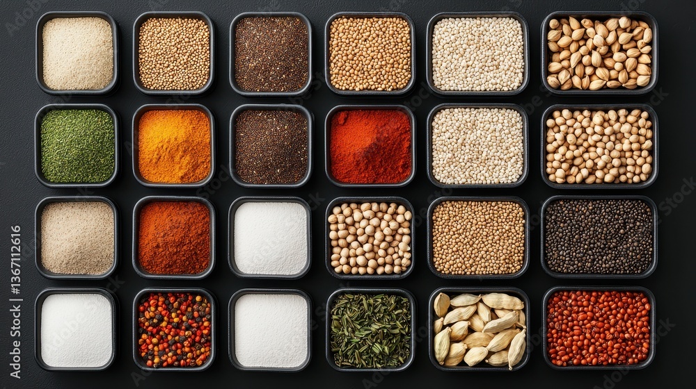 Fototapeta premium Collection of Diverse Spices and Herbs in Separate Containers on Dark Background for Culinary Arts