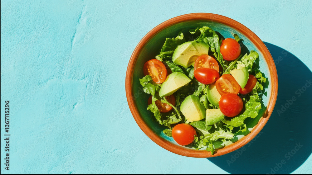 Fresh avocado and tomato salad in bowl on blue surface, top view. Healthy eating, vegetarian diet. Lifestyle. Food concept for web banner, poster, advertising with copy space. Fresh avocado and tomato salad in bowl on blue surface, top view. Healthy eating, vegetarian diet. Lifestyle. Food concept for web banner, poster, advertising with copy space.