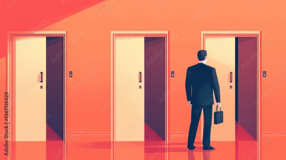 A series of locked doors where workers must ask permission from the manager to move forward with each task illustration A series of locked doors where workers must ask permission from the manager to move forward with each task illustration