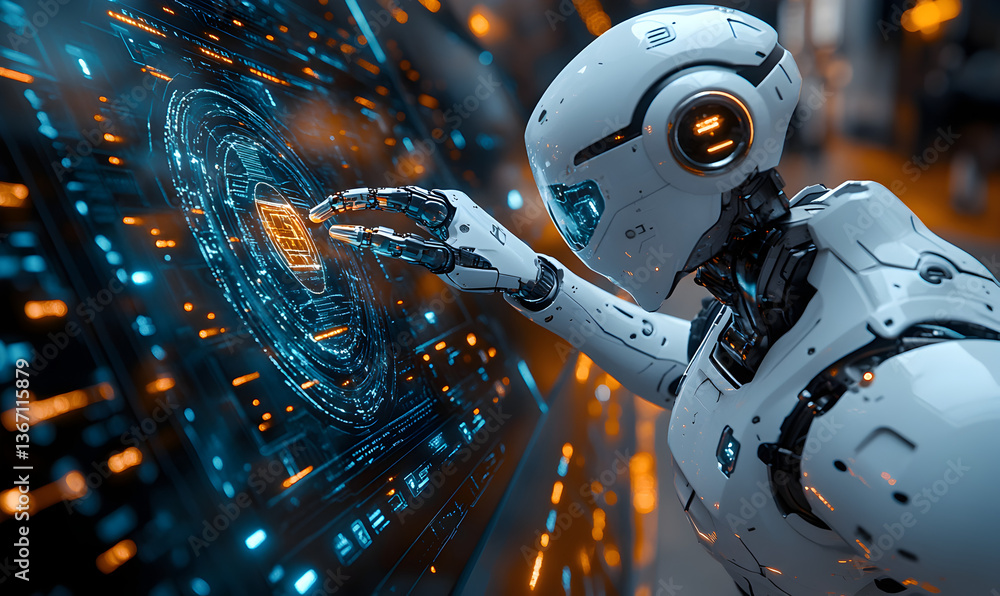 Fototapeta premium White Robot Interacting with a Glowing Digital Interface