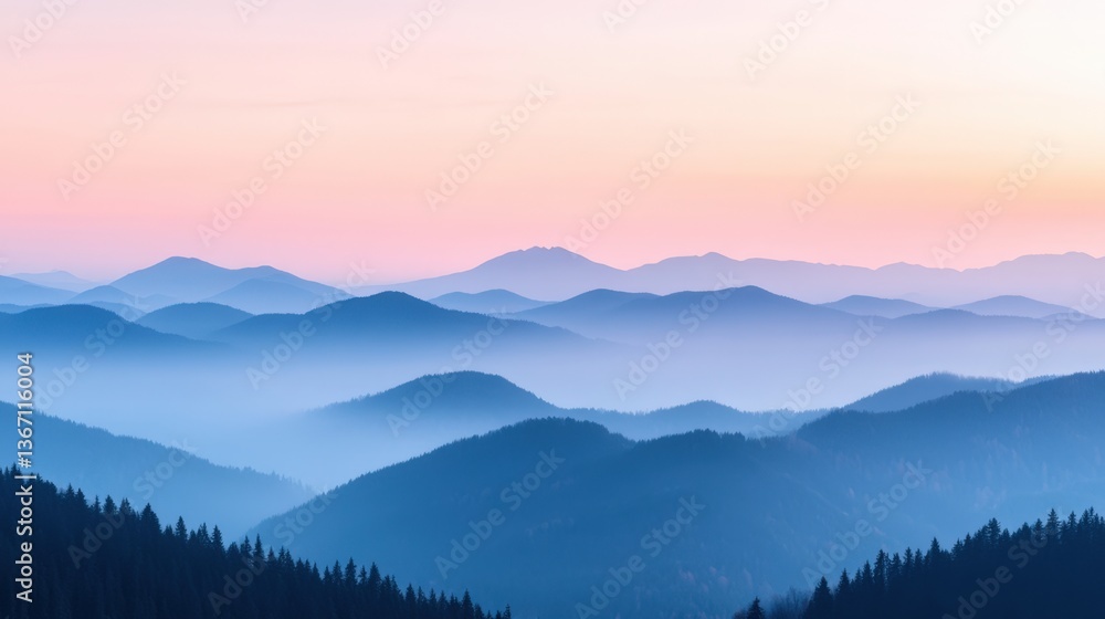 Fototapeta premium Blue mountain ridges in misty landscape against pastel sky at dawn. Serene nature scene for travel, tourism, eco banner, website background with copy space