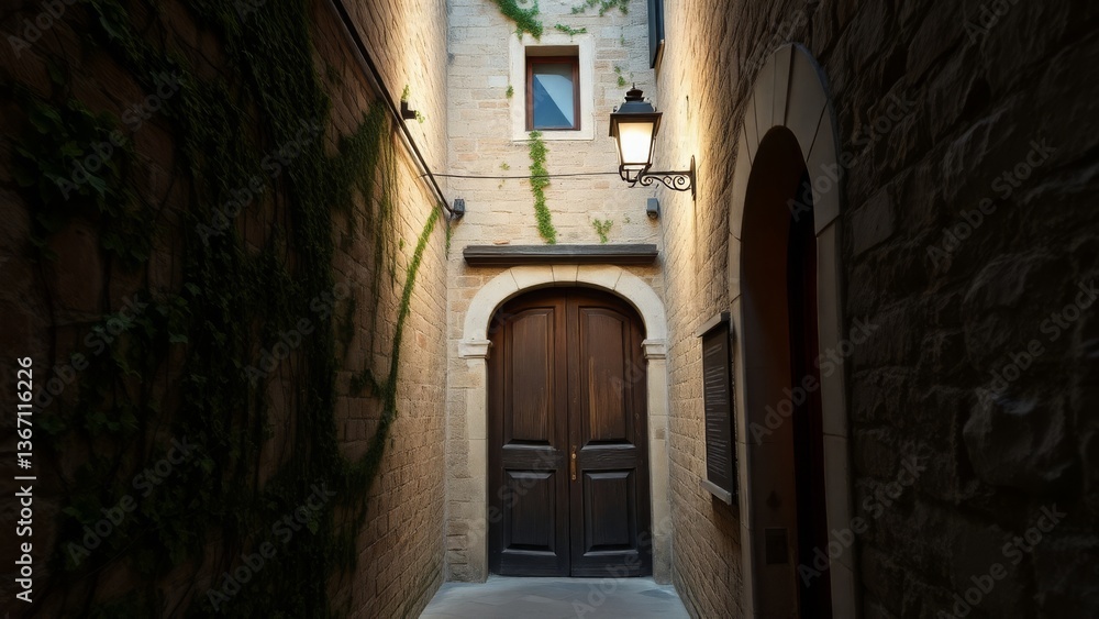 Fototapeta premium Dimly Lit Passage Leading to an Elegant Door