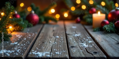 Rustic wooden table, snow-dusted Christmas lights Vintage Xmas border , table, holiday, cozy