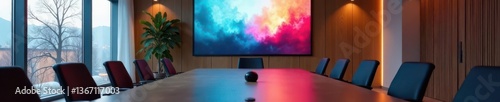 Sleek minimalist meeting room, projector screen , screen, corporate