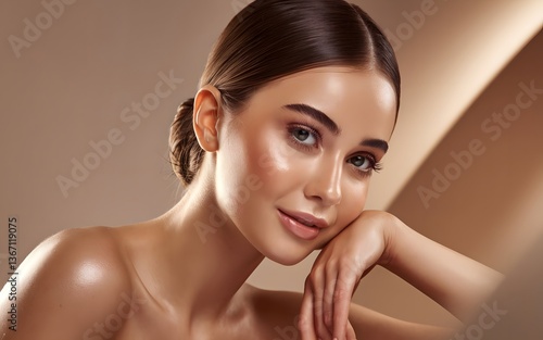 Young, attractive woman with flawless skin caressing her face