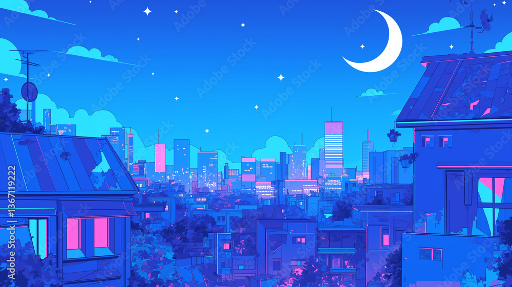 Fototapeta premium 美しい青空に輝く満月とピンクの雲が広がるレトロポップ調都会の夜景・1980年代アニメ風ネオンカラーが幻想的な都市イラスト・ノスタルジックな未来都市背景素材・エモいシティライフの風景