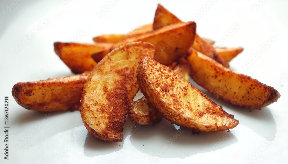 Crispy, seasoned potato wedges arranged on a plate, showcasing their golden-brown color and appealing texture. Crispy, seasoned potato wedges arranged on a plate, showcasing their golden-brown color and appealing texture.