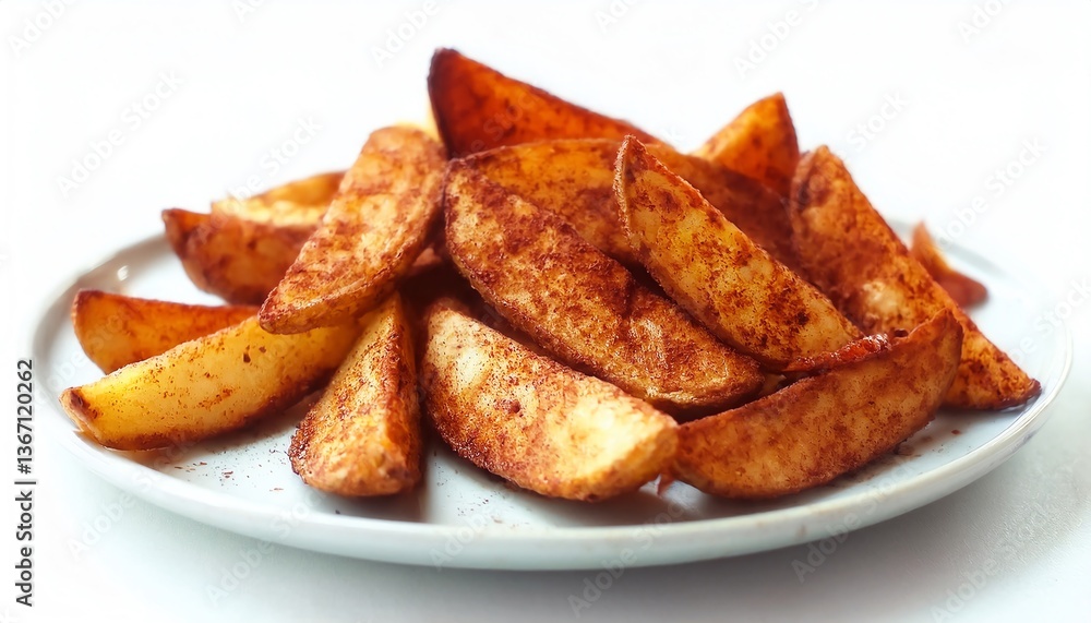 Crispy, seasoned potato wedges arranged neatly on a white plate, showcasing a golden-brown exterior. Crispy, seasoned potato wedges arranged neatly on a white plate, showcasing a golden-brown exterior.