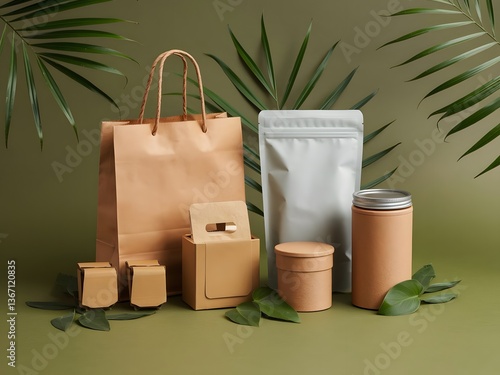 Eco-Friendly Packaging Display on Wooden Background