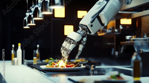A high tech AI powered robotic chef preparing a gourmet meal in a futuristic restaurant kitchen, glowing cooking process interface, precise ingredient control