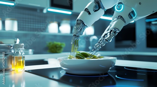 A high tech AI powered robotic chef preparing a meal in a futuristic sustainable kitchen, focusing on eco-friendly cooking systems, glowing ingredient sensors