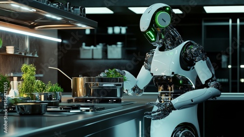A high tech AI powered robotic chef preparing a meal in a futuristic sustainable kitchen, focusing on eco-friendly cooking systems, glowing ingredient sensors