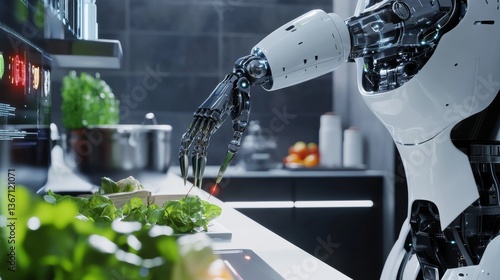 A high tech AI powered robotic chef preparing a meal in a futuristic sustainable kitchen, focusing on eco-friendly cooking systems, glowing ingredient sensors