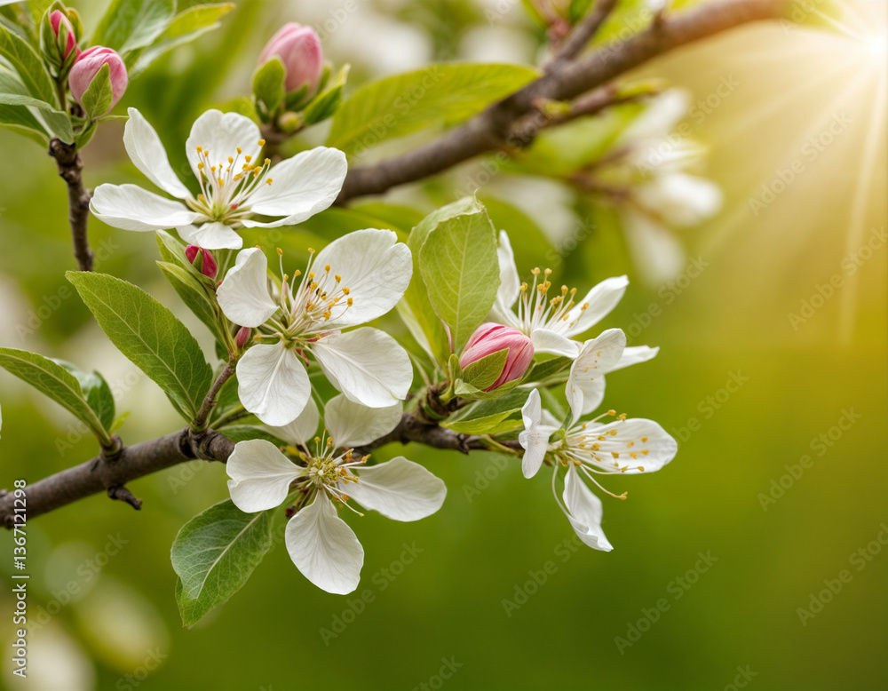 Apple flowers in spring blossom under soft sunlight- natural spring floral background. Apple tree in the spring garden. Selective focus at the central buds. Apple flowers in spring blossom under soft sunlight- natural spring floral background. Apple tree in the spring garden. Selective focus at the central buds.