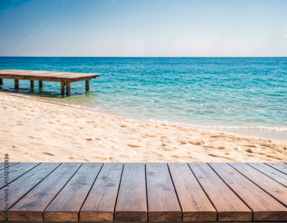 Obraz premium Empty wood table over blurred blue sea and beach background in sunny summer day. 