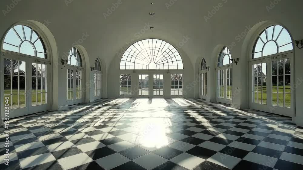Spacious hall with black and white checkered floor and large arched windows letting sunlight in Spacious hall with black and white checkered floor and large arched windows letting sunlight in